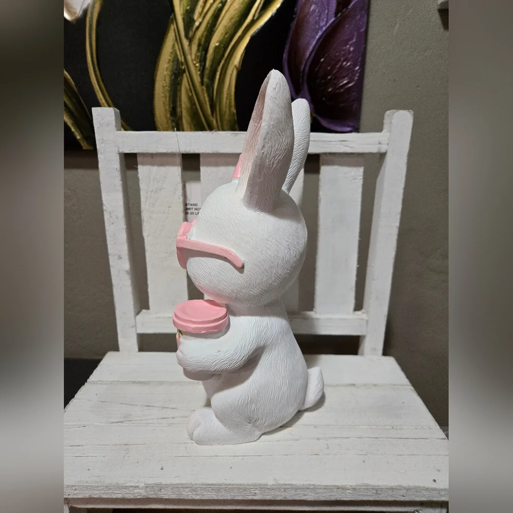 Easter Bunny Girl With Pink Sunglasses, Coffee And Heart Lollipop